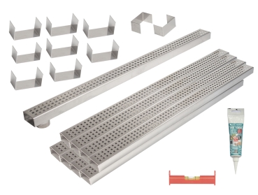 9er Rinnenset (Poolrinne) V4A superflach mit 1 Rinne mit Stutzen,8 Rinnen geschlossen,2 Endstücke,8 Verbinder,1 Dichtmittel,1 Schnurwasserw.
